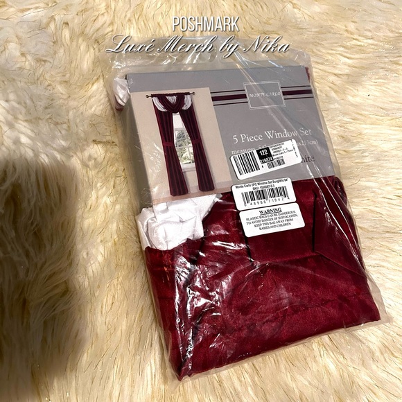(5) Piece Window Curtain Set - Burgundy and White - Picture 2 of 3